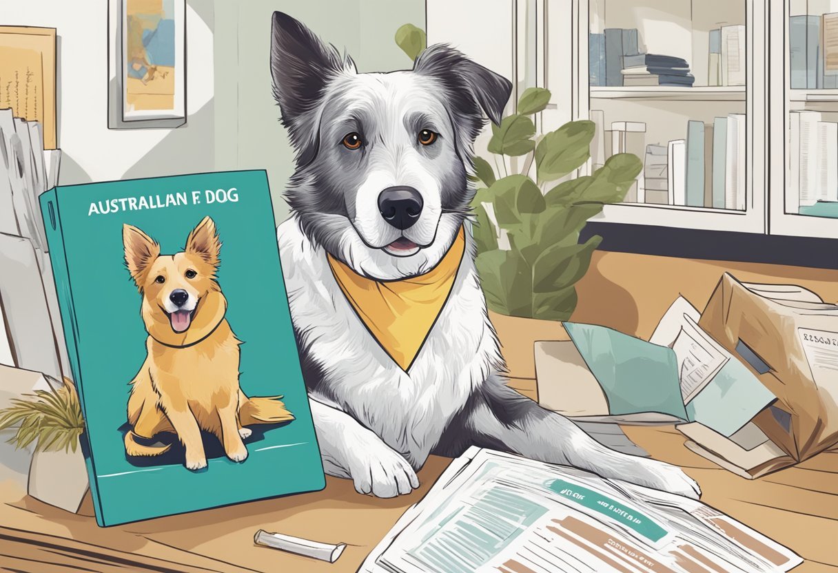 A senior dog with a wagging tail sits beside its owner, surrounded by pamphlets for Australian pet insurance plans