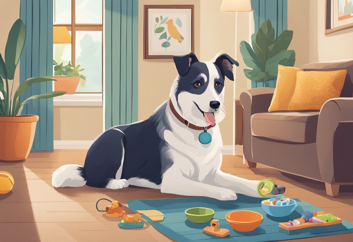 Best Pet Insurance Australia: Top 5 Plans for Senior Dogs, A senior dog with a wagging tail, sitting comfortably in a cozy living room, surrounded by their favorite toys and a bowl of fresh water. An Australian pet insurance plan brochure is displayed nearby